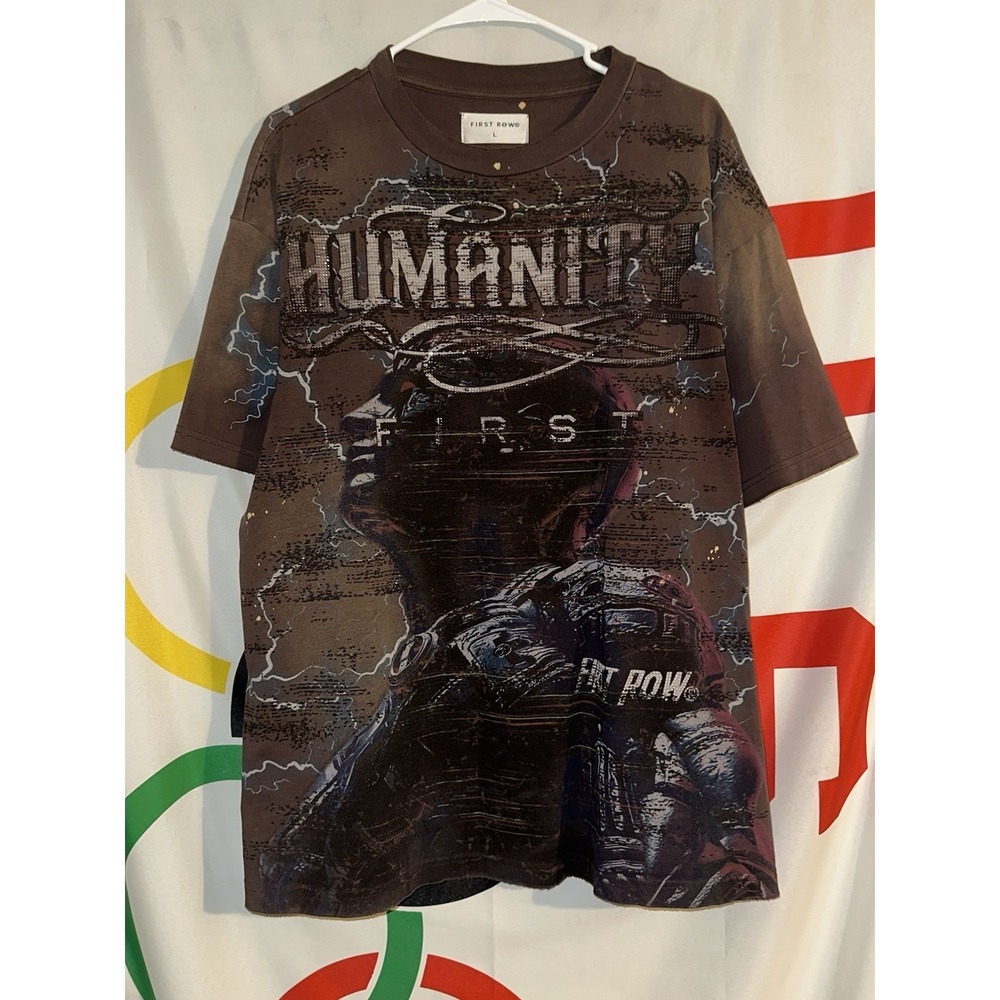 First Row T Shirt Mens Large Studded Rhinestones Graphic Tee Boxy Humanity